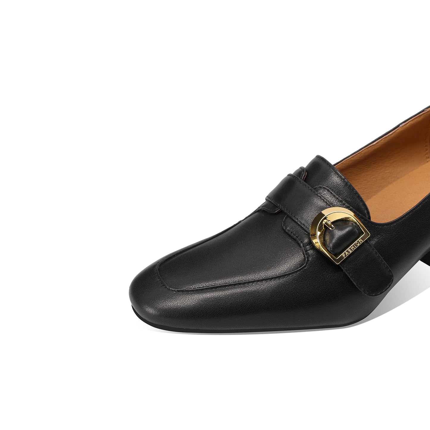 TinaCus Women's Square Toe Genuine Leather Mid Chunky Heels Loafers Shoes with Handmade Strap Buckle