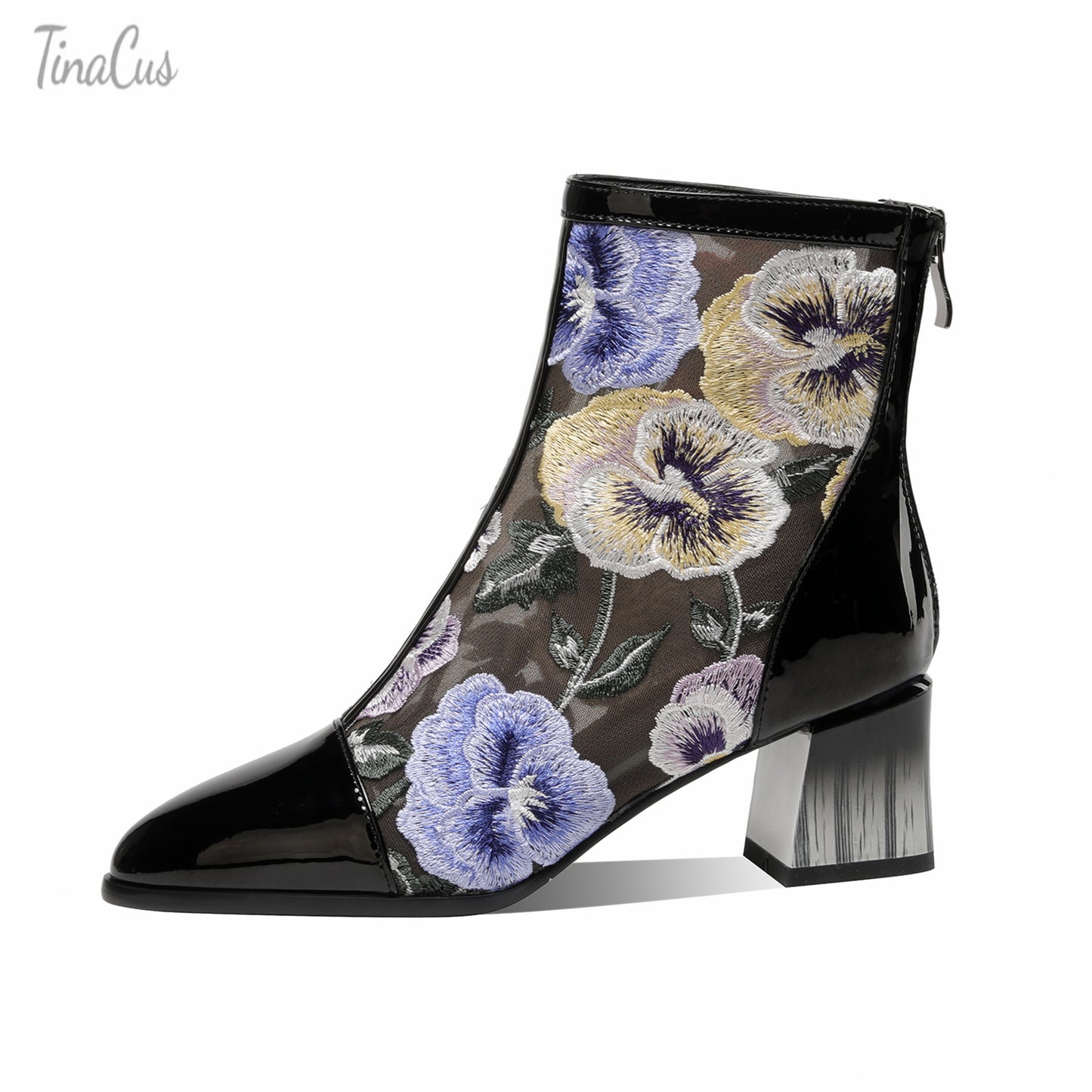 TinaCus Women's Genuine Leather Mesh Embroidery Flowers Block Heel Handmade Back Zip Summer Ankle Boots