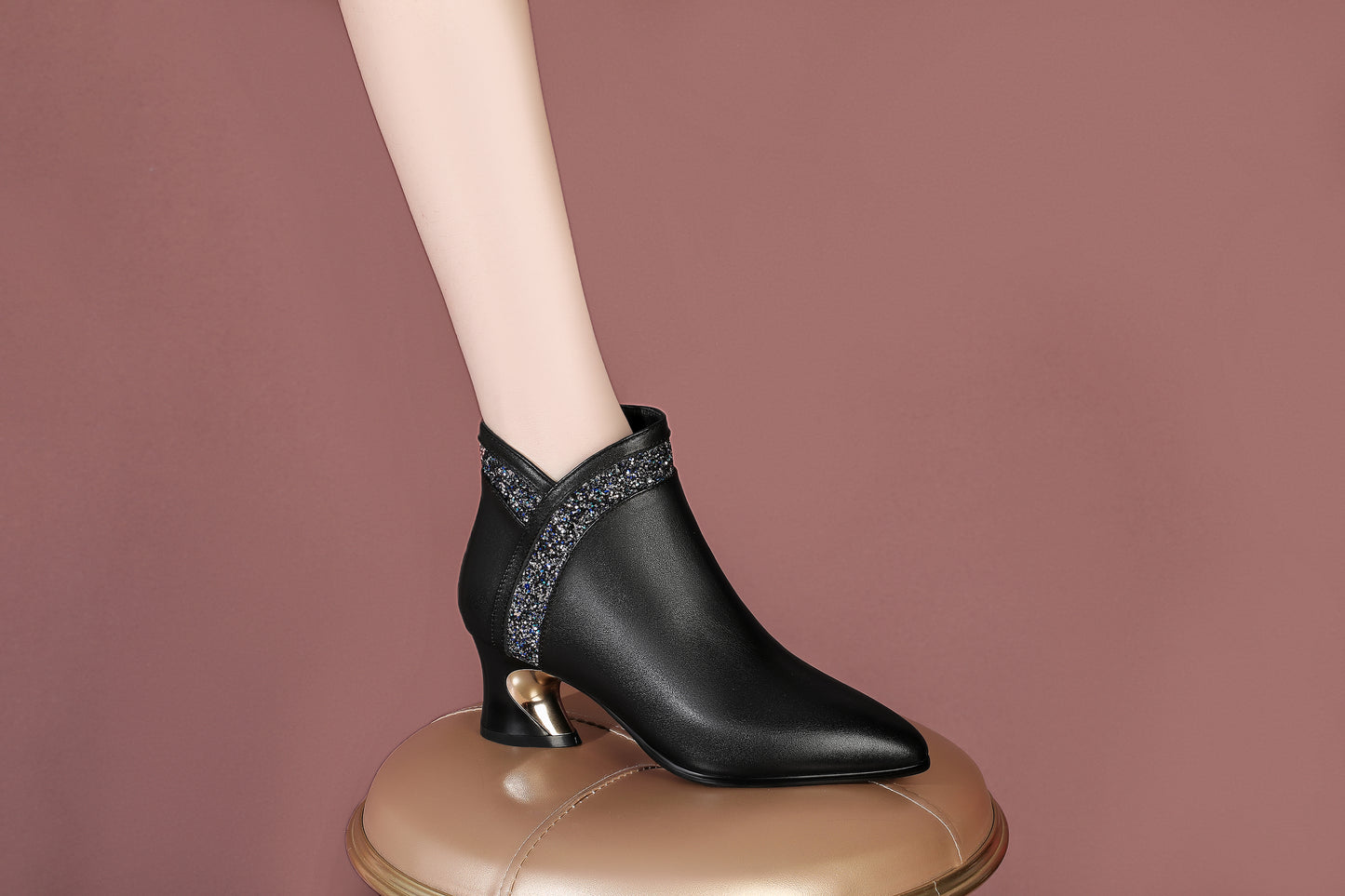 TinaCus Women's Leather Ankle Booties Handmade Sequins Side Zipper Pointed Toe Chunky Heel