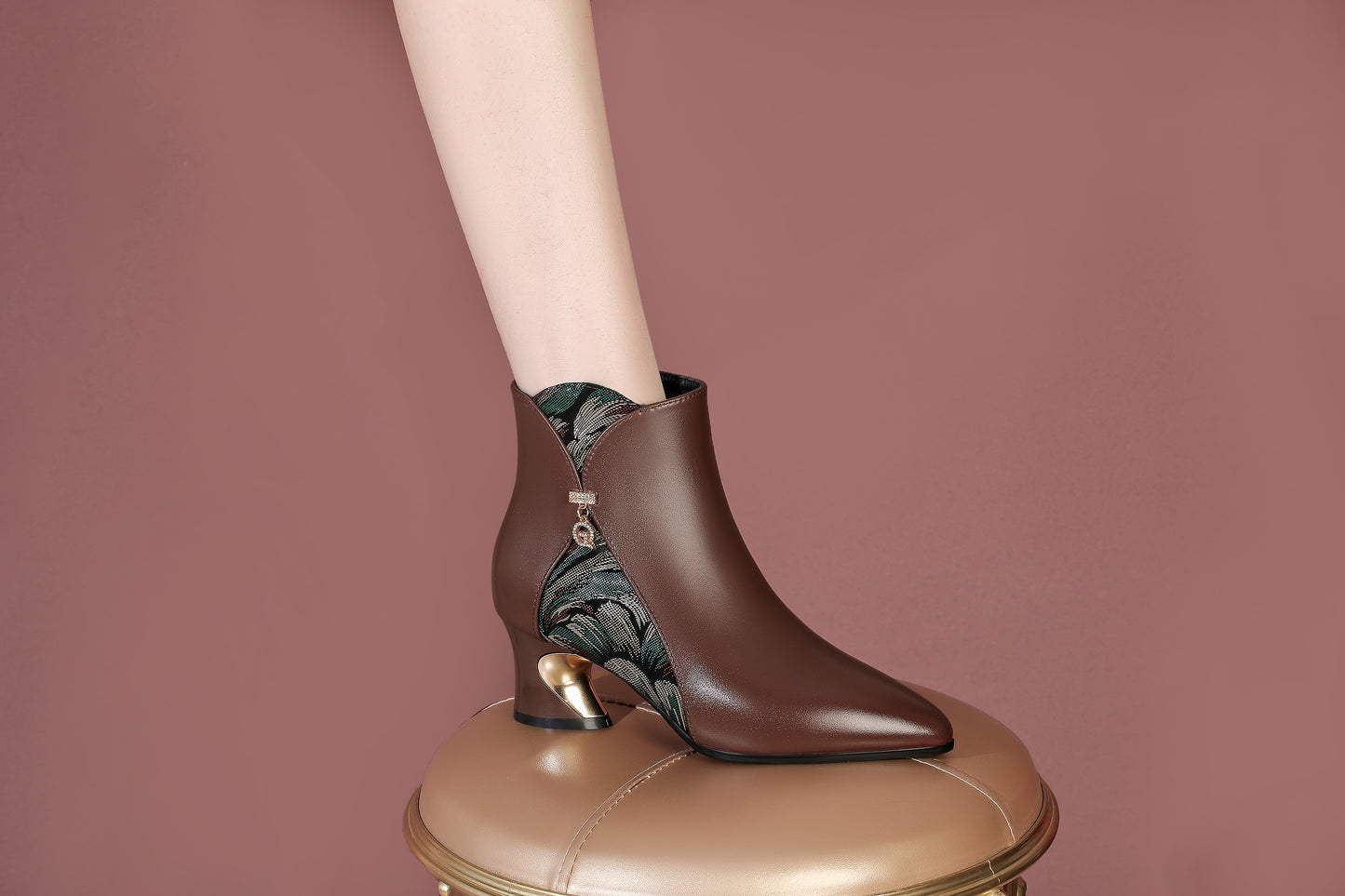 TinaCus Women's Genuine Leather Ankle Booties Handmade Pendant Printed Side Zipper Pointed Toe Chunky Heel