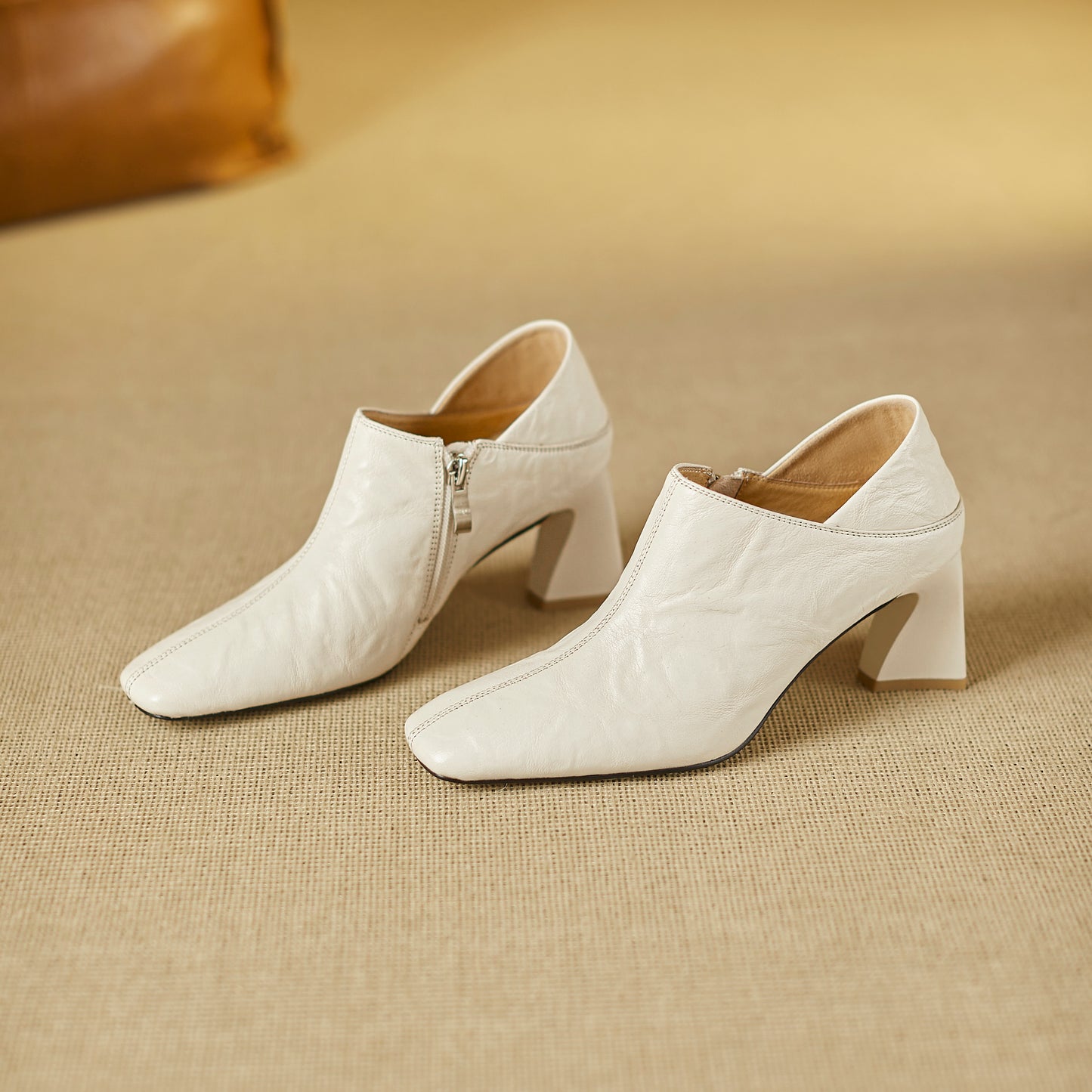 TinaCus Handmade Women's Genuine Leather Square Toe V-Cut Side Zipper Mid Block Heel Loafers Shoes