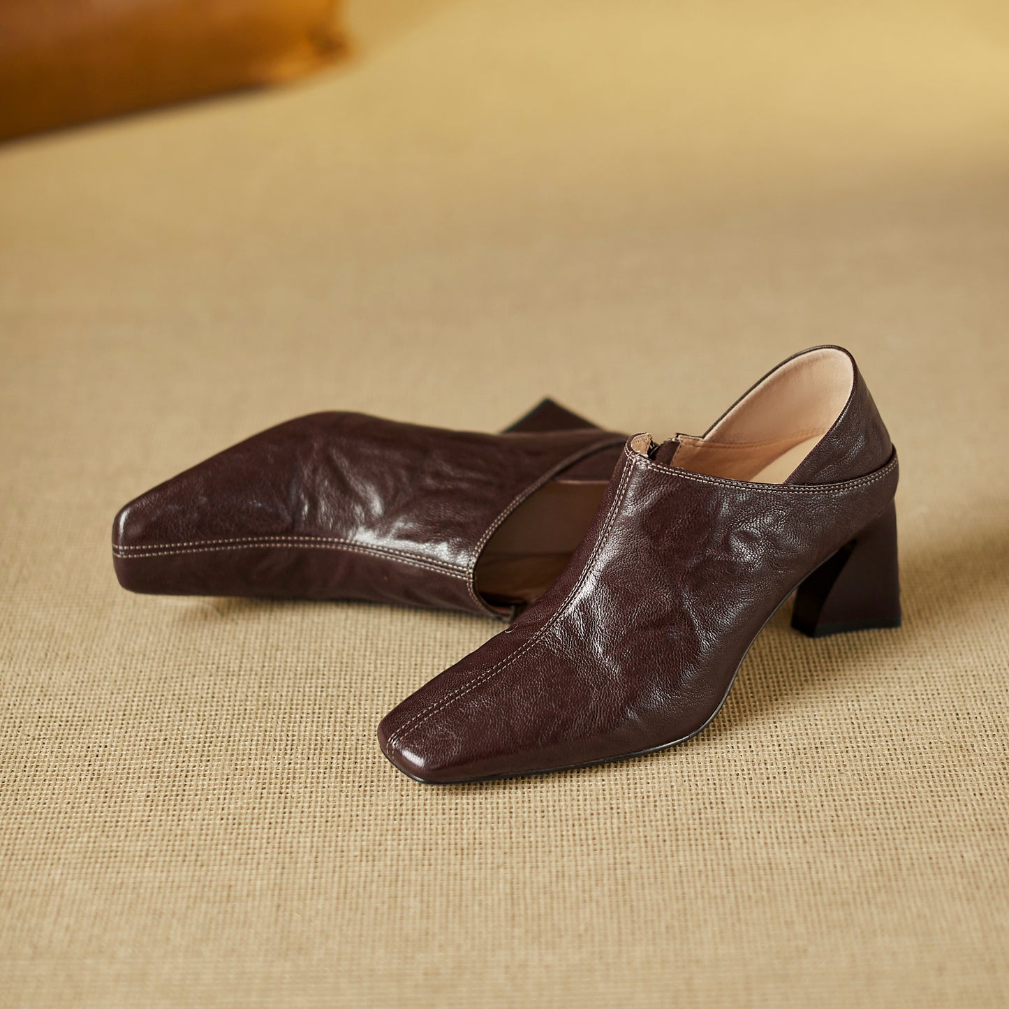 TinaCus Handmade Women's Genuine Leather Square Toe V-Cut Side Zipper Mid Block Heel Loafers Shoes