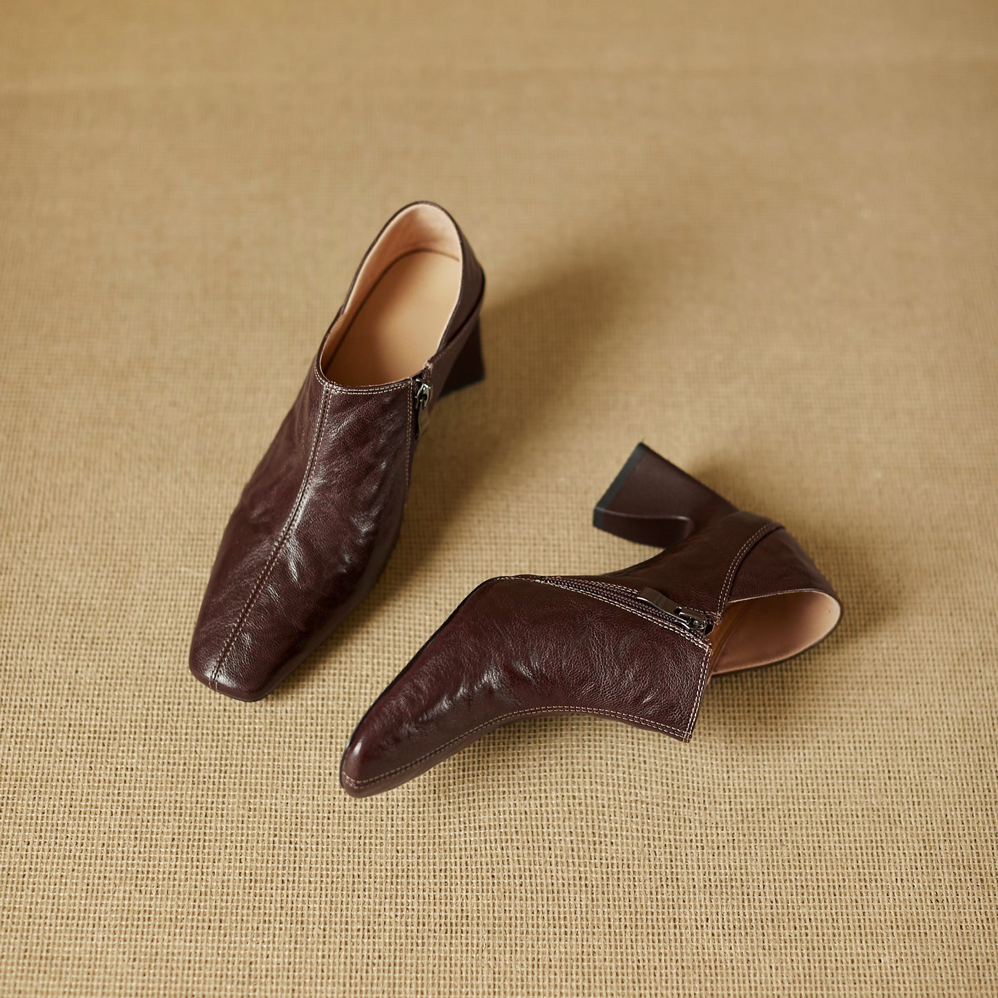 TinaCus Handmade Women's Genuine Leather Square Toe V-Cut Side Zipper Mid Block Heel Loafers Shoes