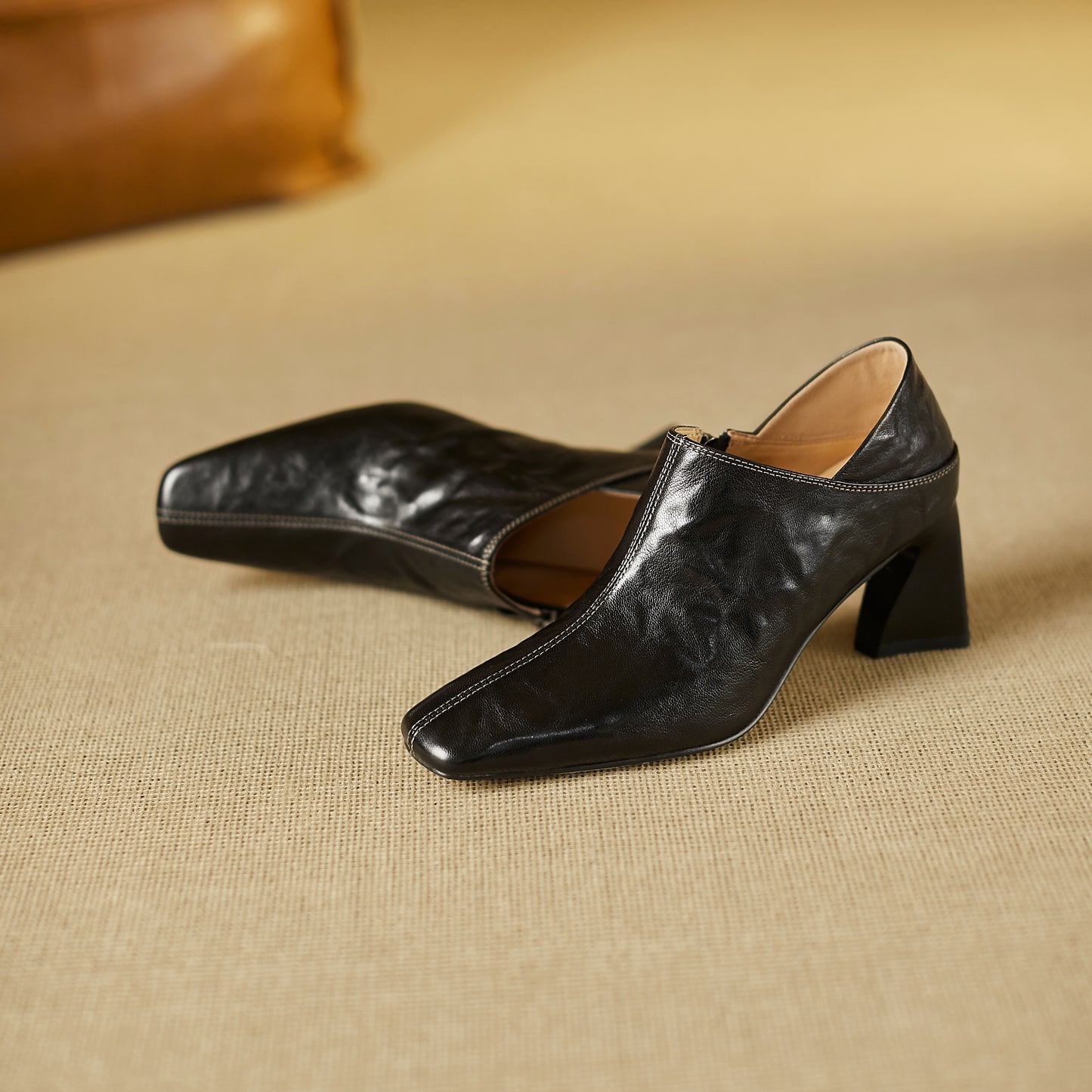 TinaCus Handmade Women's Genuine Leather Square Toe V-Cut Side Zipper Mid Block Heel Loafers Shoes