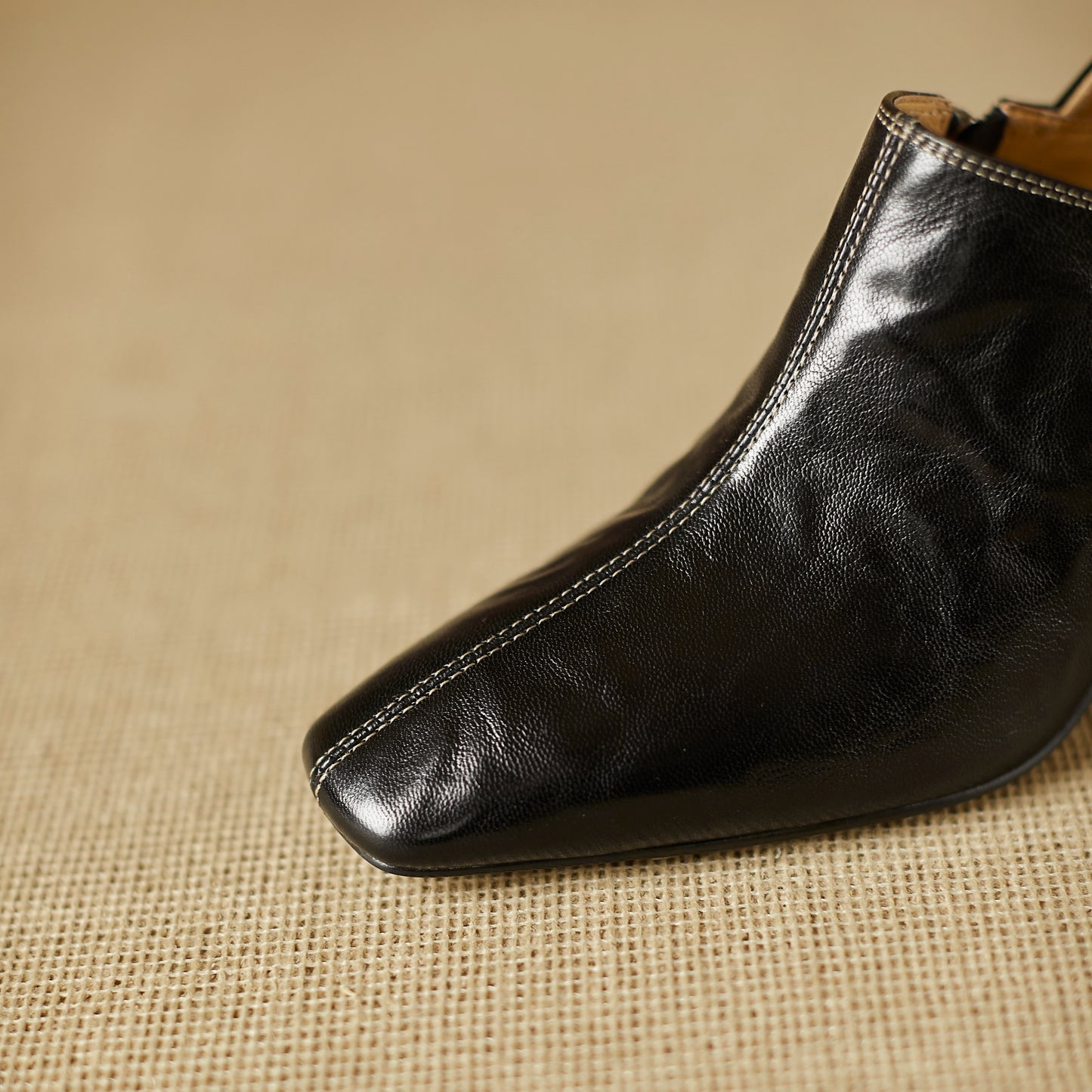 TinaCus Handmade Women's Genuine Leather Square Toe V-Cut Side Zipper Mid Block Heel Loafers Shoes