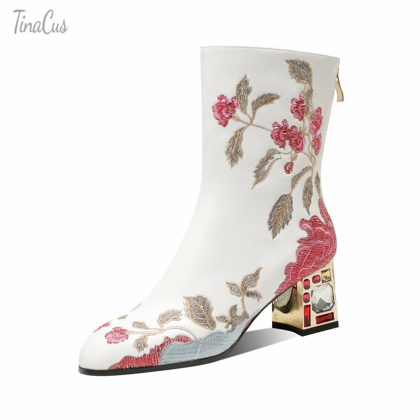 TinaCus Women's Genuine Leather Embroidery Flowers Handmade Crystal Chunky Heel Zip Up Boots