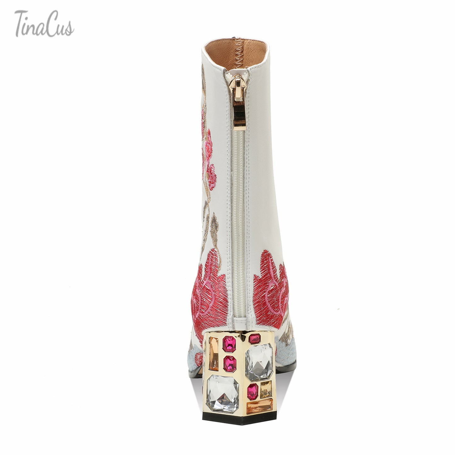 TinaCus Women's Genuine Leather Embroidery Flowers Handmade Crystal Chunky Heel Zip Up Boots