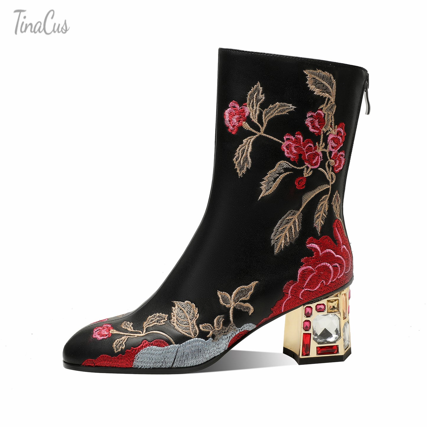 TinaCus Women's Genuine Leather Embroidery Flowers Handmade Crystal Chunky Heel Zip Up Boots