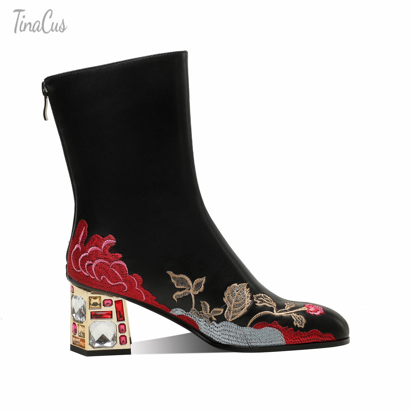 TinaCus Women's Genuine Leather Embroidery Flowers Handmade Crystal Chunky Heel Zip Up Boots