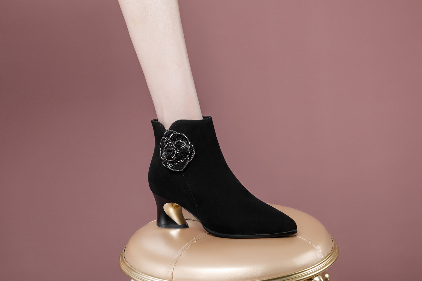 TinaCus Women's Rhinestone Booties Suede Leather Handmade Floral Side Zipper Pointed Toe Chunky Heel