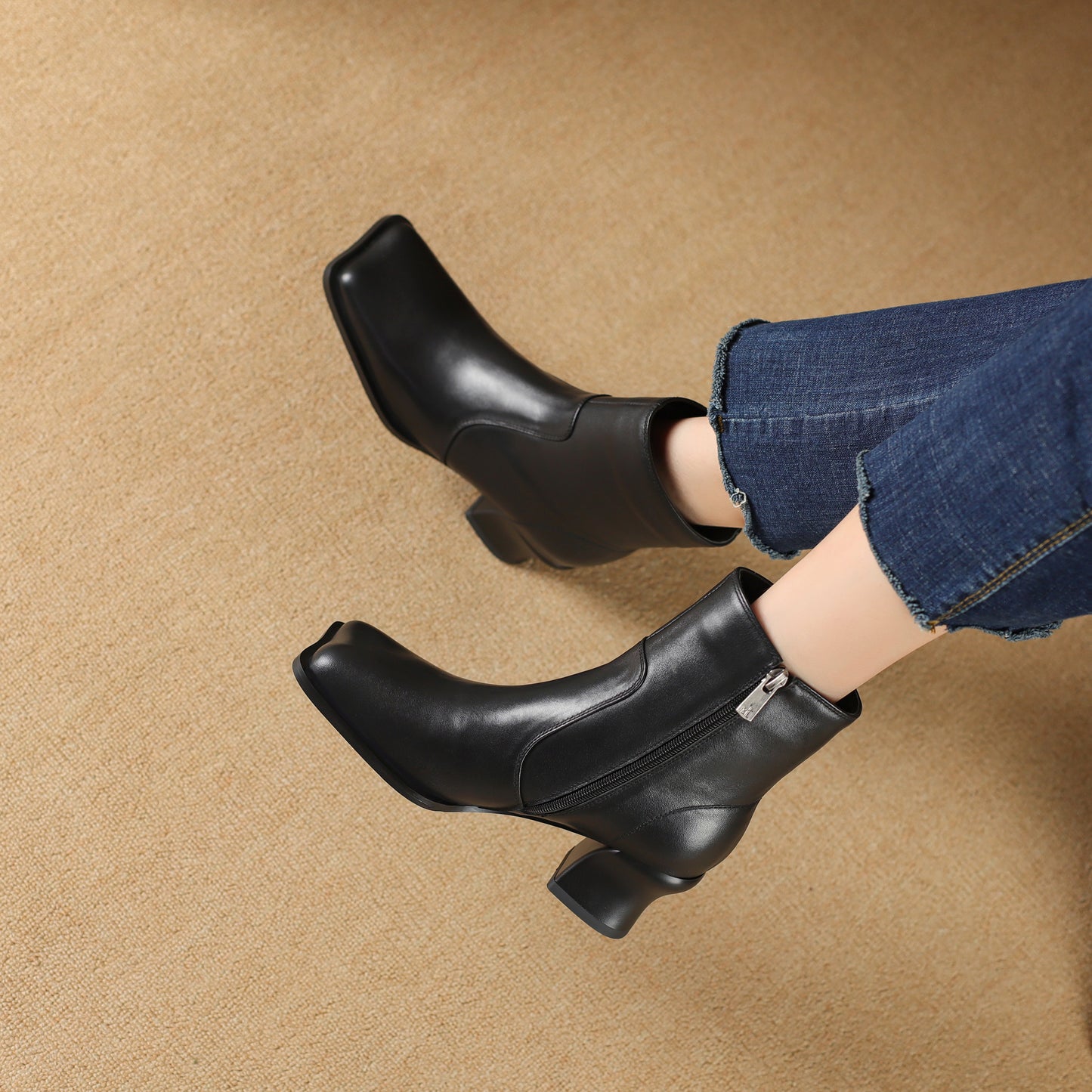 TinaCus Women's Genuine Leather Handmade Square Toe Side Zipper Stacked Low Heel Chukka Booties