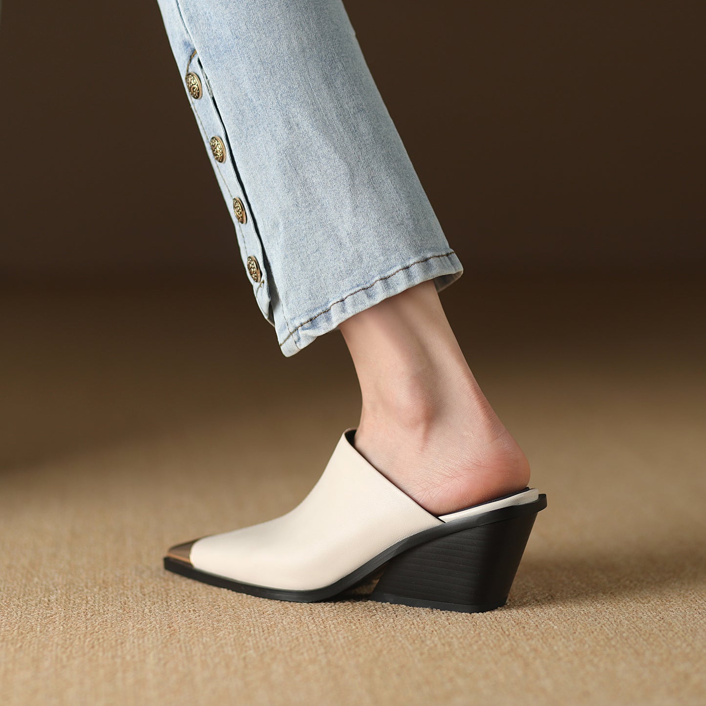 TinaCus Handmade Women's Genuine Leather Cap-Toe Stackled Heel Backless Mules Shoes