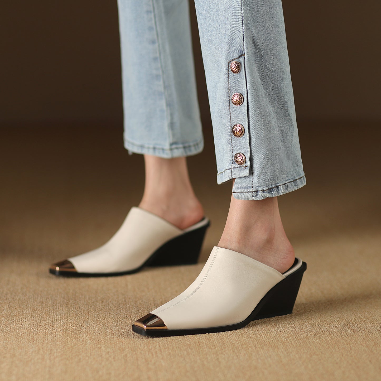 TinaCus Handmade Women's Genuine Leather Cap-Toe Stackled Heel Backless Mules Shoes