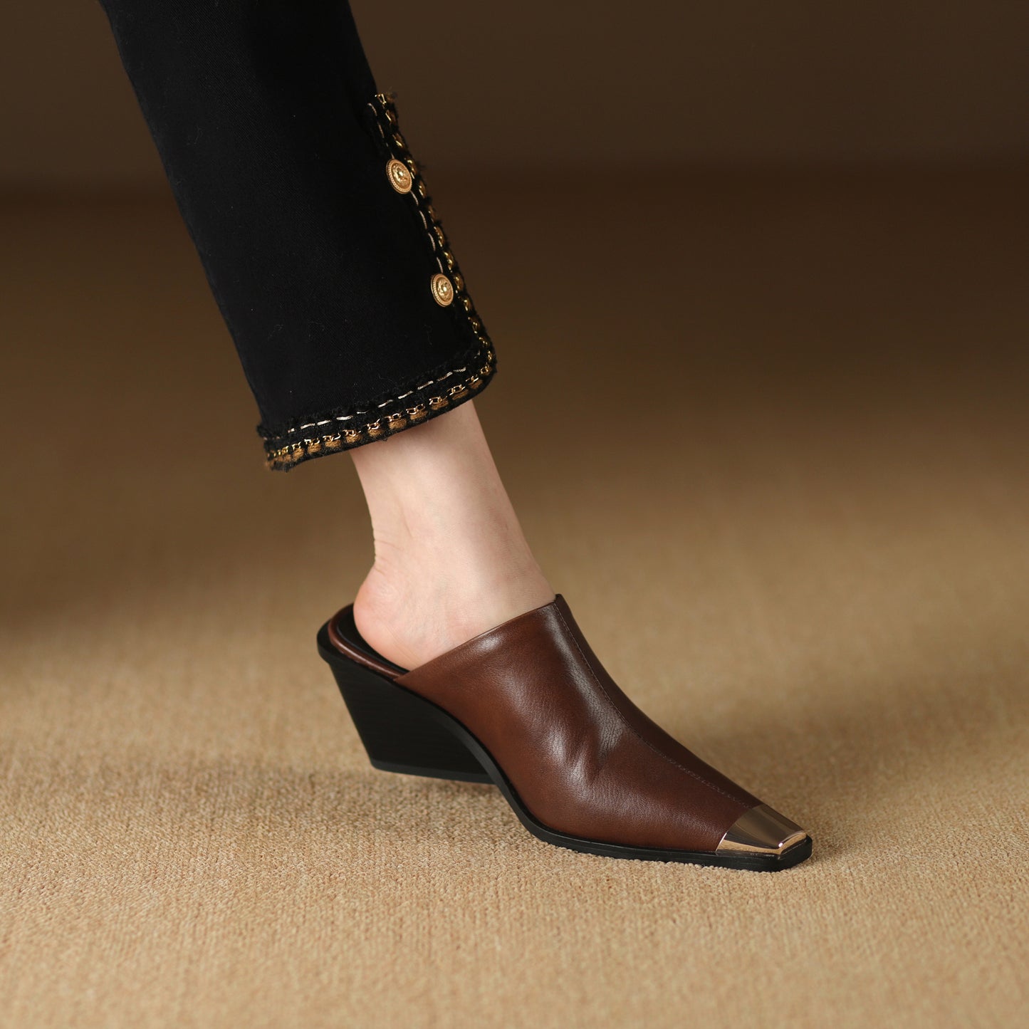 TinaCus Handmade Women's Genuine Leather Cap-Toe Stackled Heel Backless Mules Shoes