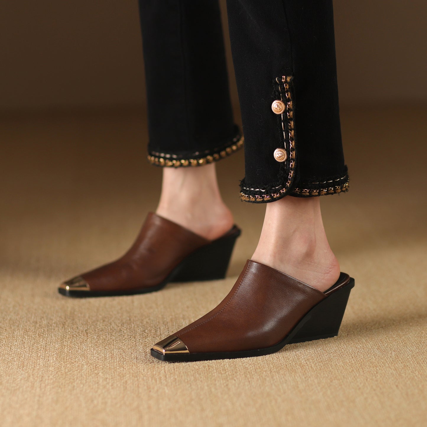 TinaCus Handmade Women's Genuine Leather Cap-Toe Stackled Heel Backless Mules Shoes