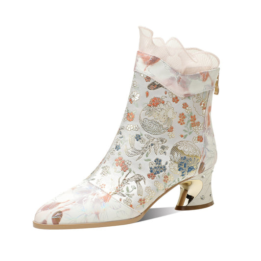 TinaCus Women's Embroidery Floral Genuine Leather Spool Heel Handmade Back Zip Lace Ankle Boots