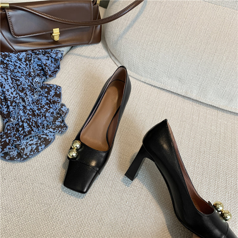 TinaCus Women's Genuine Leather Square Toe Handmade Mid Brick Heels Slip On Fashion Pumps-black/brown US8.5