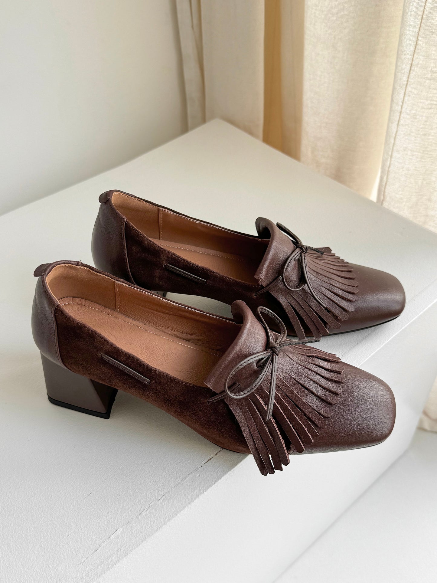 TinaCus Women's Tassel Bowtie Handmade Genuine Leather Chunky Heel Square Toe Pumps