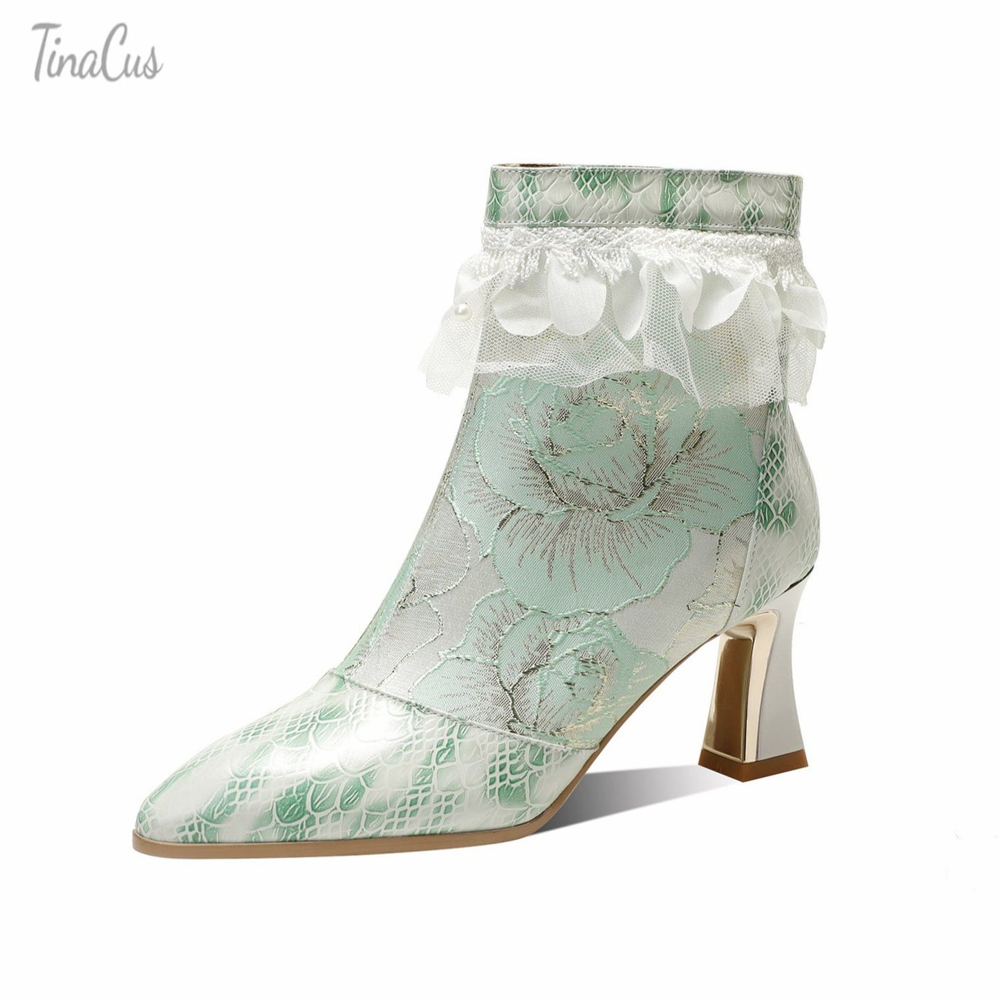TinaCus Women's Genuine Leather Embroidery Flowers Lace Mid Heel Handmade Side Zip Ankle Boots
