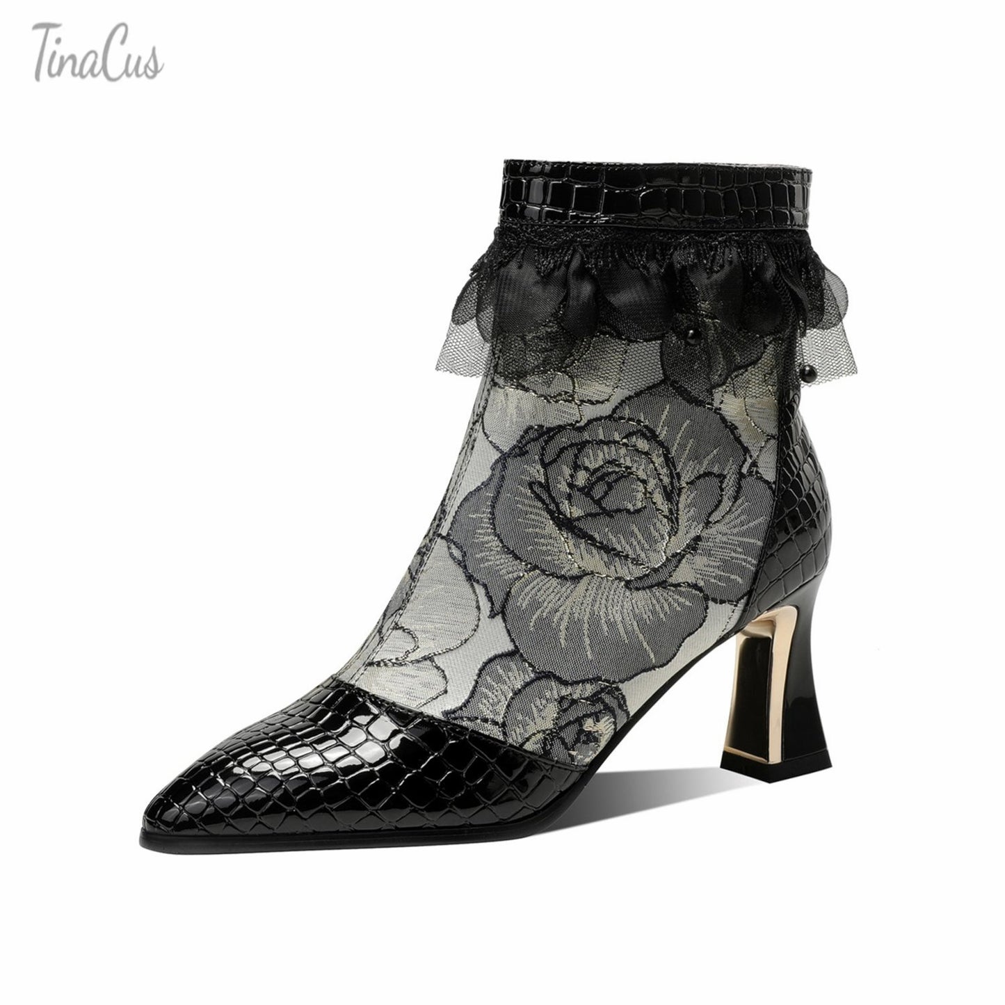 TinaCus Women's Genuine Leather Embroidery Flowers Lace Mid Heel Handmade Side Zip Ankle Boots