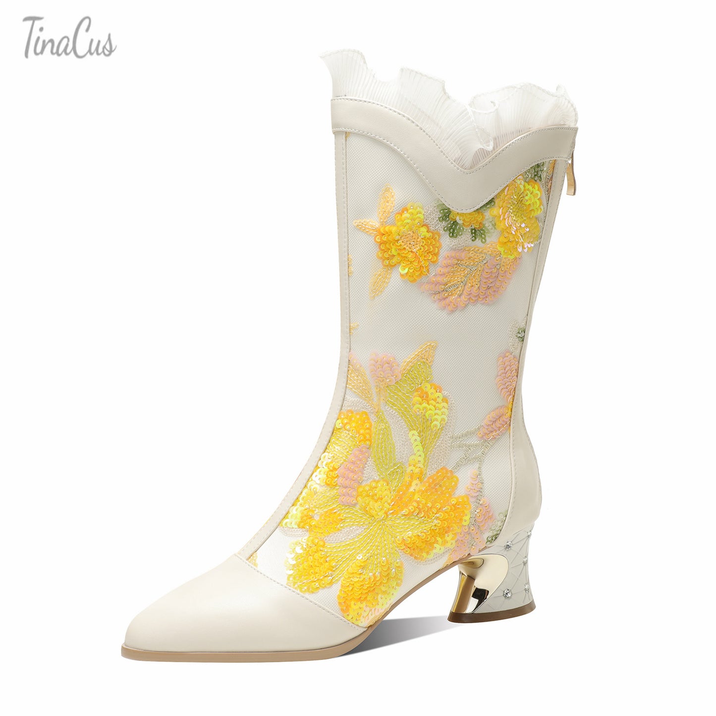 TinaCus Women's Genuine Leather Embroidery Flower Lace Handmade Chunky Heel Zip Up Mid-Calf Boots