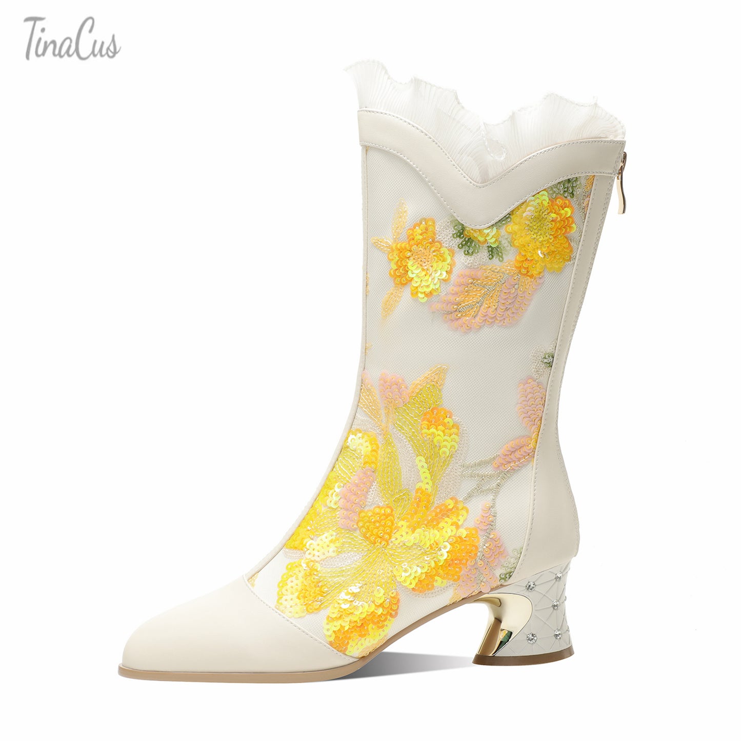 TinaCus Women's Genuine Leather Embroidery Flower Lace Handmade Chunky Heel Zip Up Mid-Calf Boots