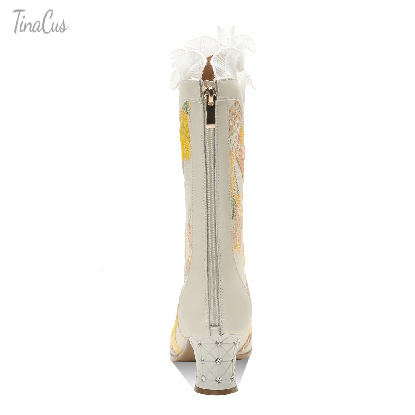 TinaCus Women's Genuine Leather Embroidery Flower Lace Handmade Chunky Heel Zip Up Mid-Calf Boots