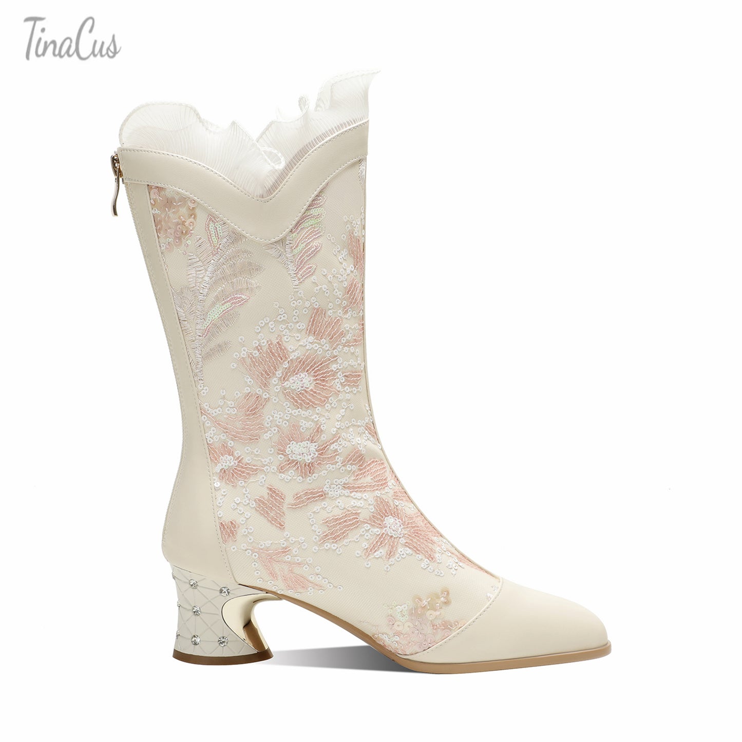 TinaCus Women's Genuine Leather Embroidery Flower Lace Handmade Chunky Heel Zip Up Mid-Calf Boots