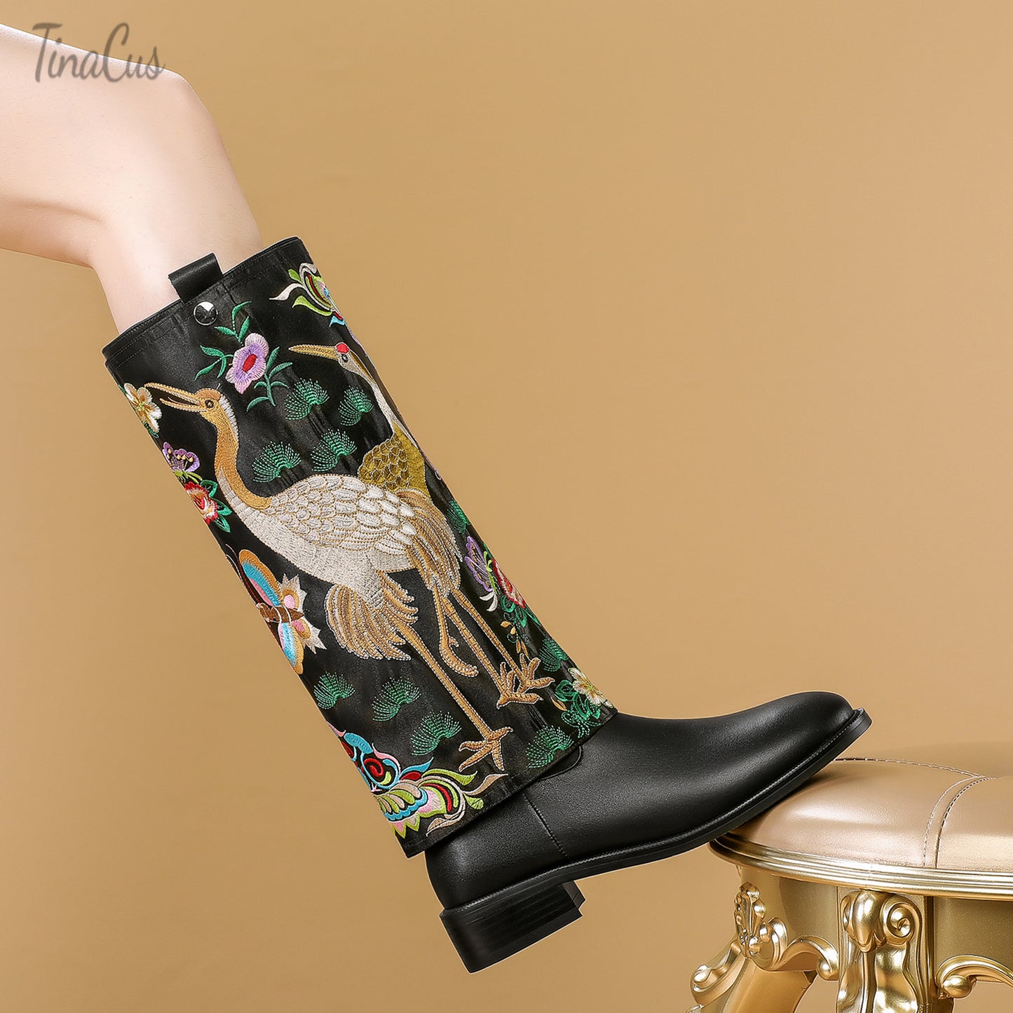 TinaCus Handmade Women's Genuine Leather Detachable Two Styles Zip Up Embroidery Bird Flowers Knee High Boots