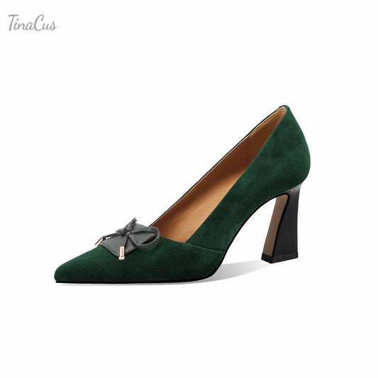 TinaCus Women's Handmade Suede Leather Cute Bowtie Pointed Toe Spool Heel Pumps Shoes