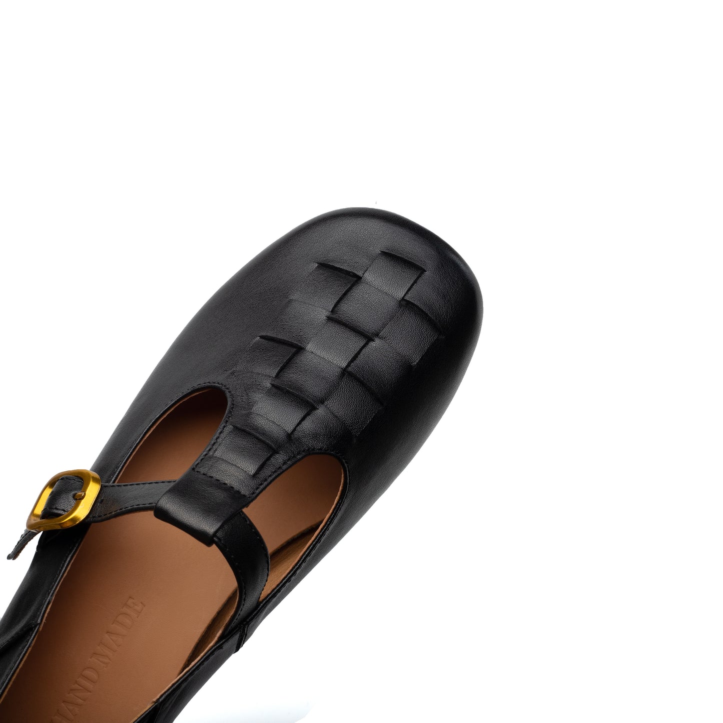 TinaCus Women's Soft Leather Round Toe Weave T-Strap Stacked Heel Mary Jane Flats Shoes