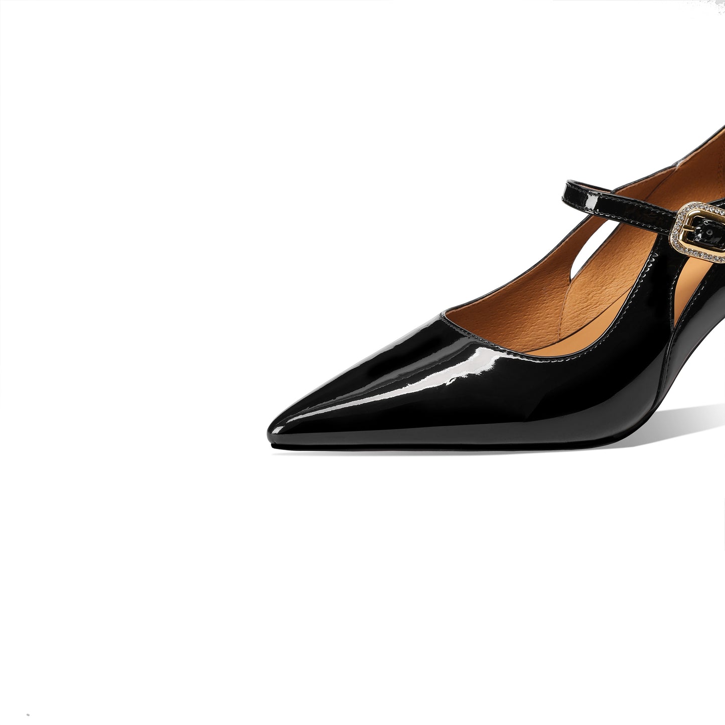 TinaCus Handmade Women's Patent Leather Hollow-Out Pointed Toe Buckle Strap Office Pumps Shoes