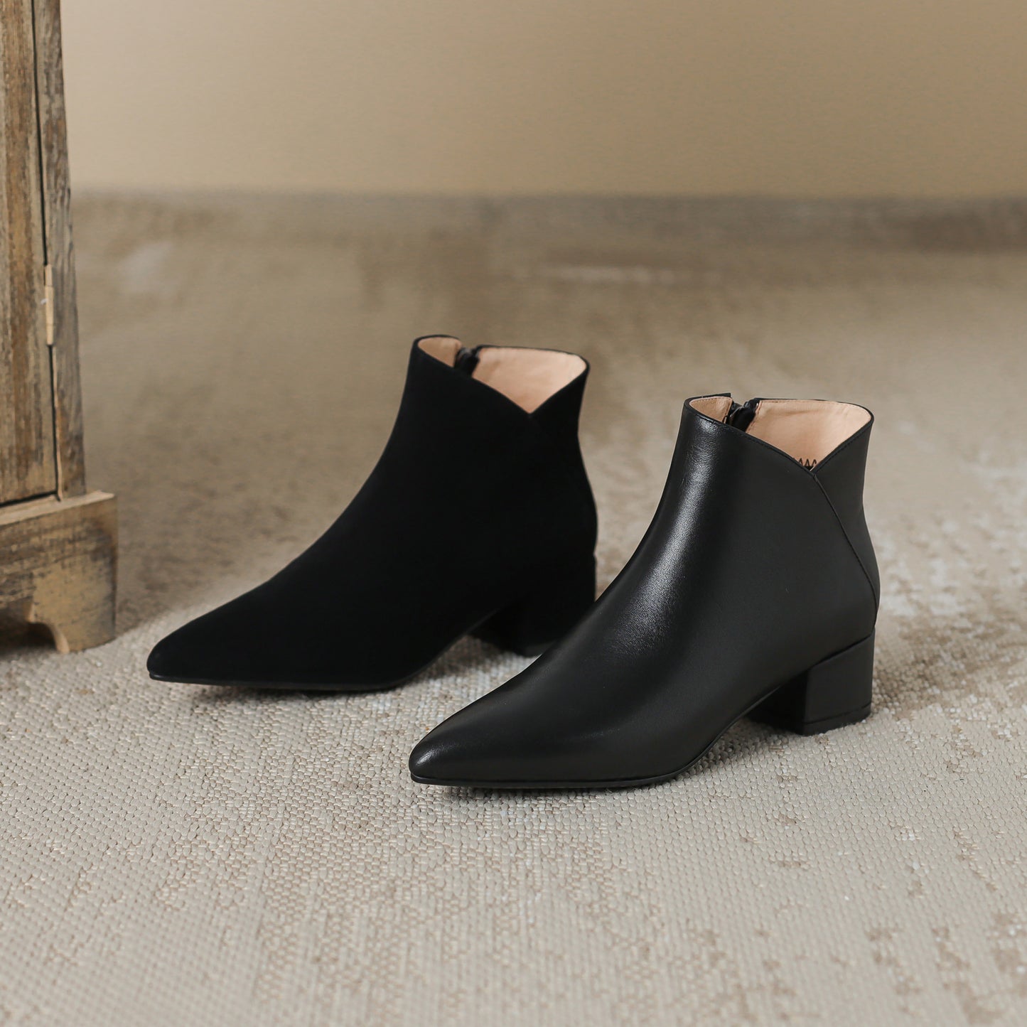 TinaCus Women's Handmade Leather Block Heel Side Zip Up Black Ankle Boots