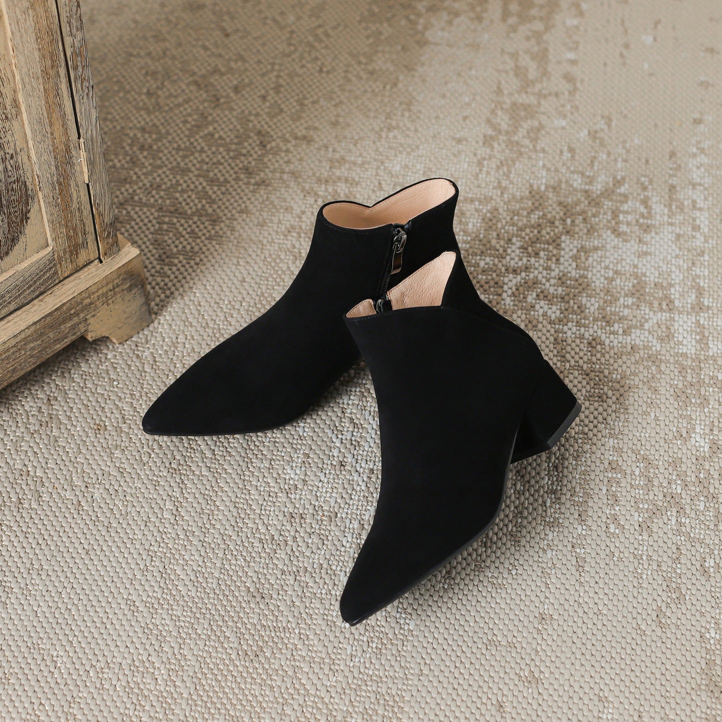 TinaCus Women's Handmade Leather Block Heel Side Zip Up Black Ankle Boots