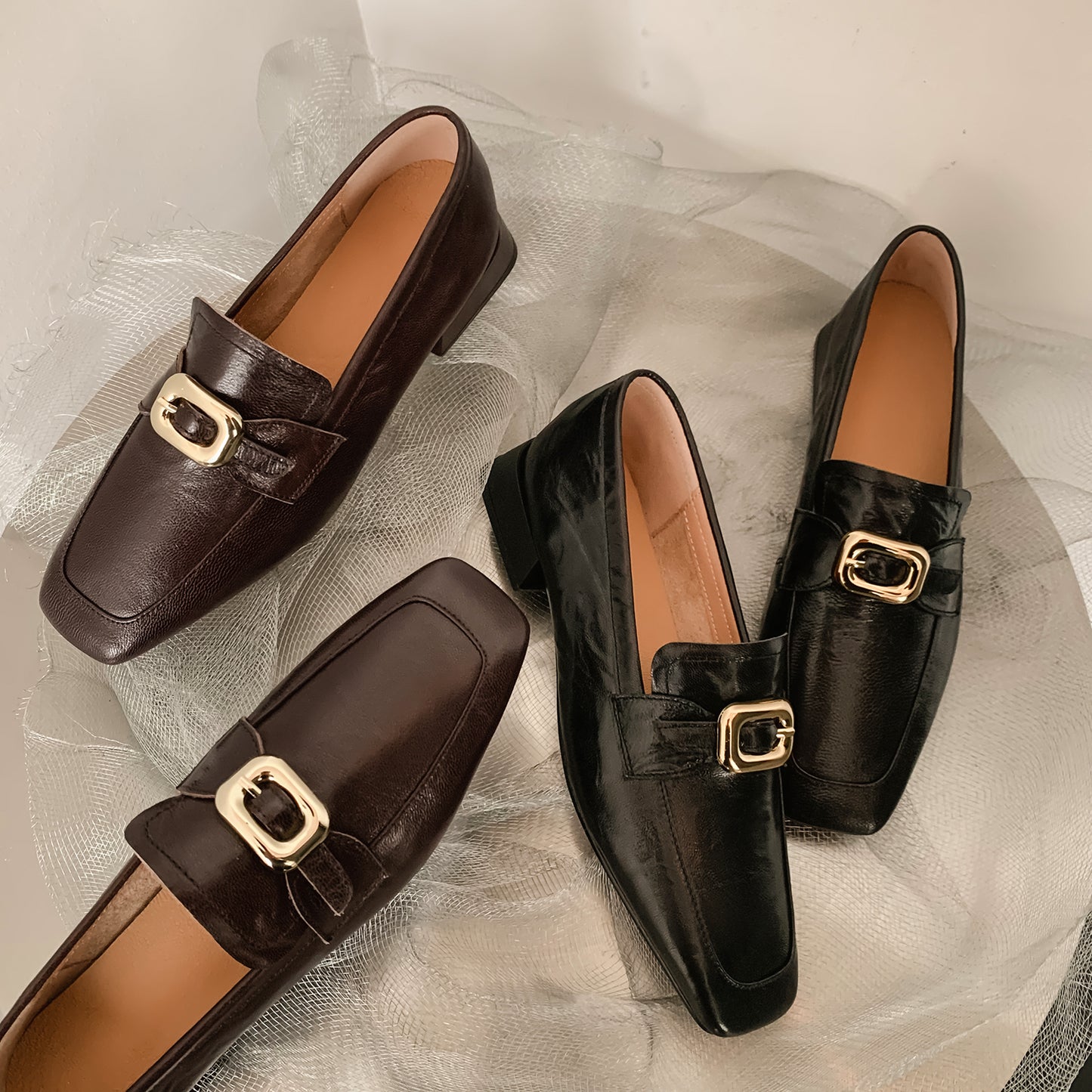 TinaCus Women's Square Toe Handmade Genuine Leather Block Heel Flat Shoes