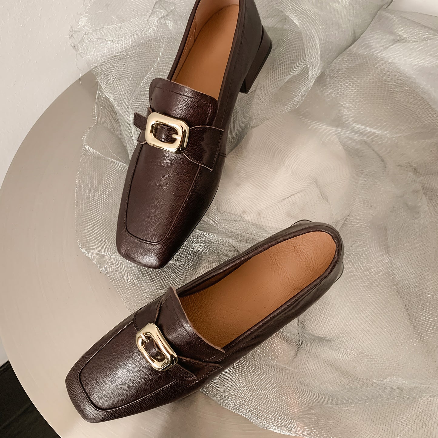 TinaCus Women's Square Toe Handmade Genuine Leather Block Heel Flat Shoes