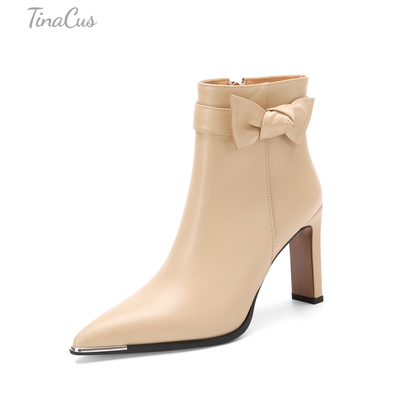 TinaCus Women's Pointed Toe Chic Short Boots Genuine Leather Handmade Bowknot Zip up High Heels Booties