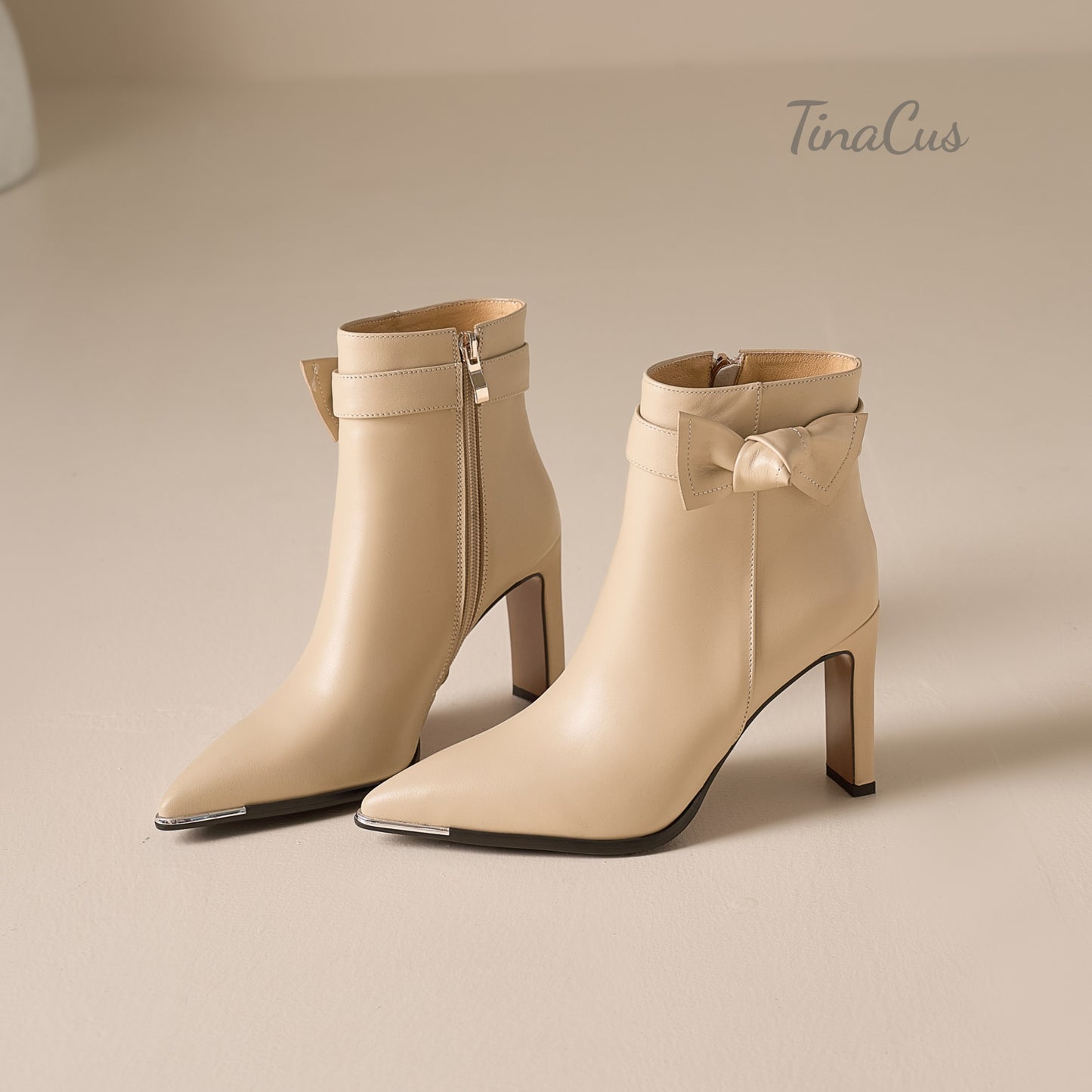 TinaCus Women's Pointed Toe Chic Short Boots Genuine Leather Handmade Bowknot Zip up High Heels Booties