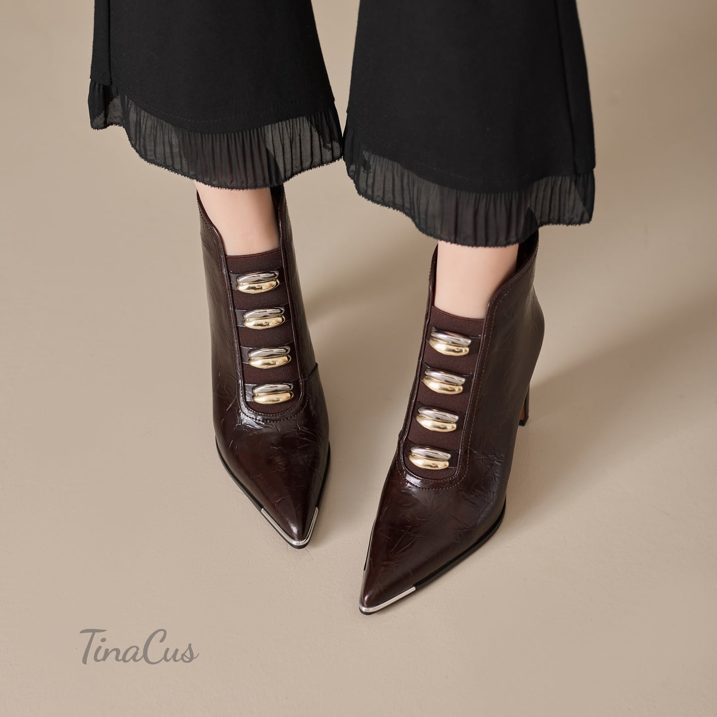 TinaCus Handmade High Heels Ankle Boots Women's Pointed Toe Genuine Leather Back Zip up Chic Booties