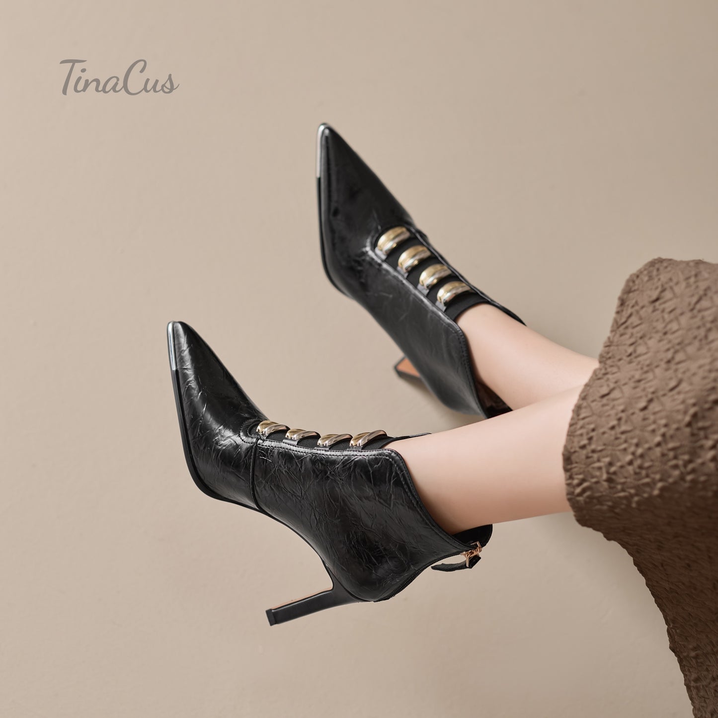 TinaCus Handmade High Heels Ankle Boots Women's Pointed Toe Genuine Leather Back Zip up Chic Booties