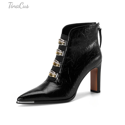TinaCus Handmade High Heels Ankle Boots Women's Pointed Toe Genuine Leather Back Zip up Chic Booties