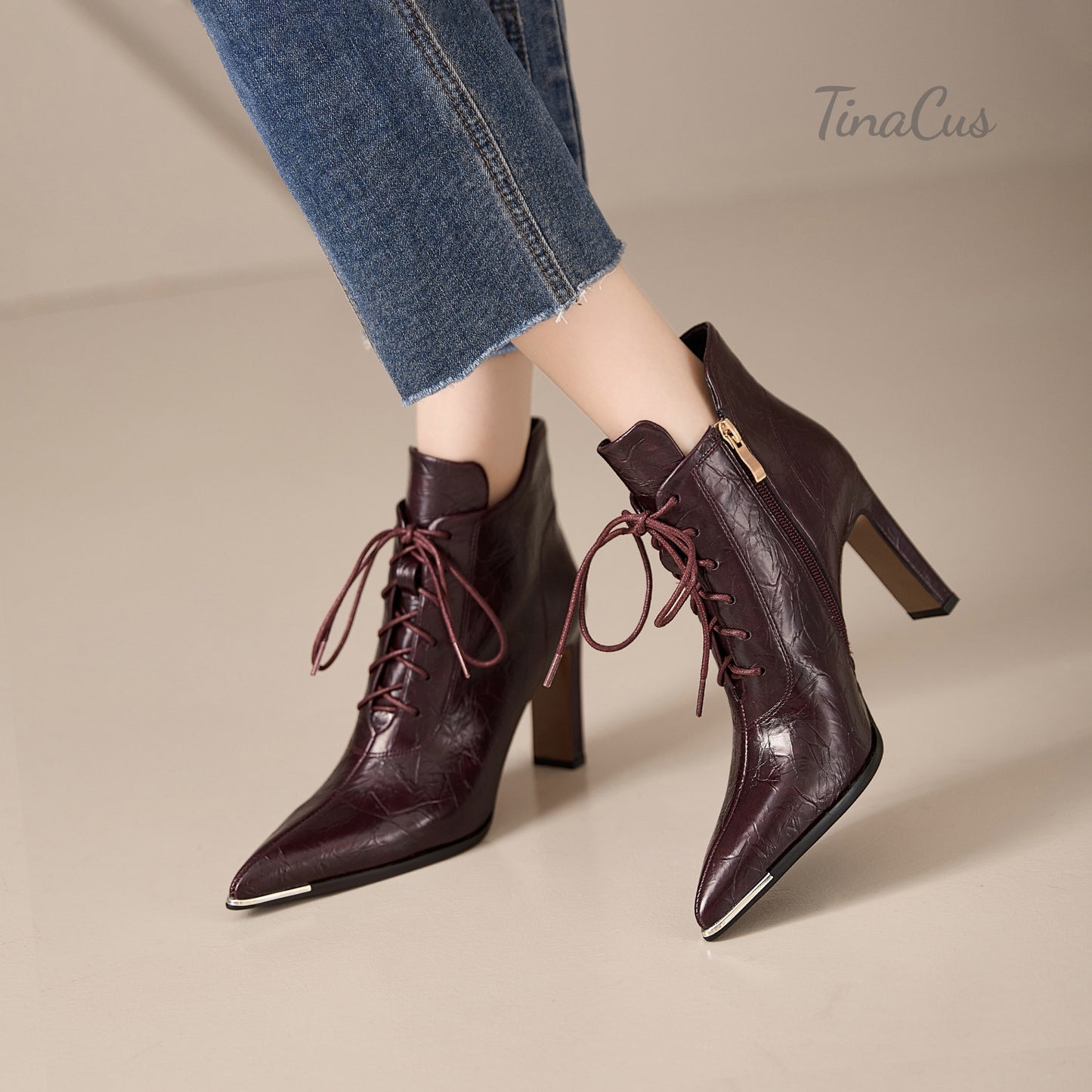 TinaCus Women's Selftie& Zipper Short Boots Pointed Toe Genuine Leather High Heels Stylish Ankle Boots