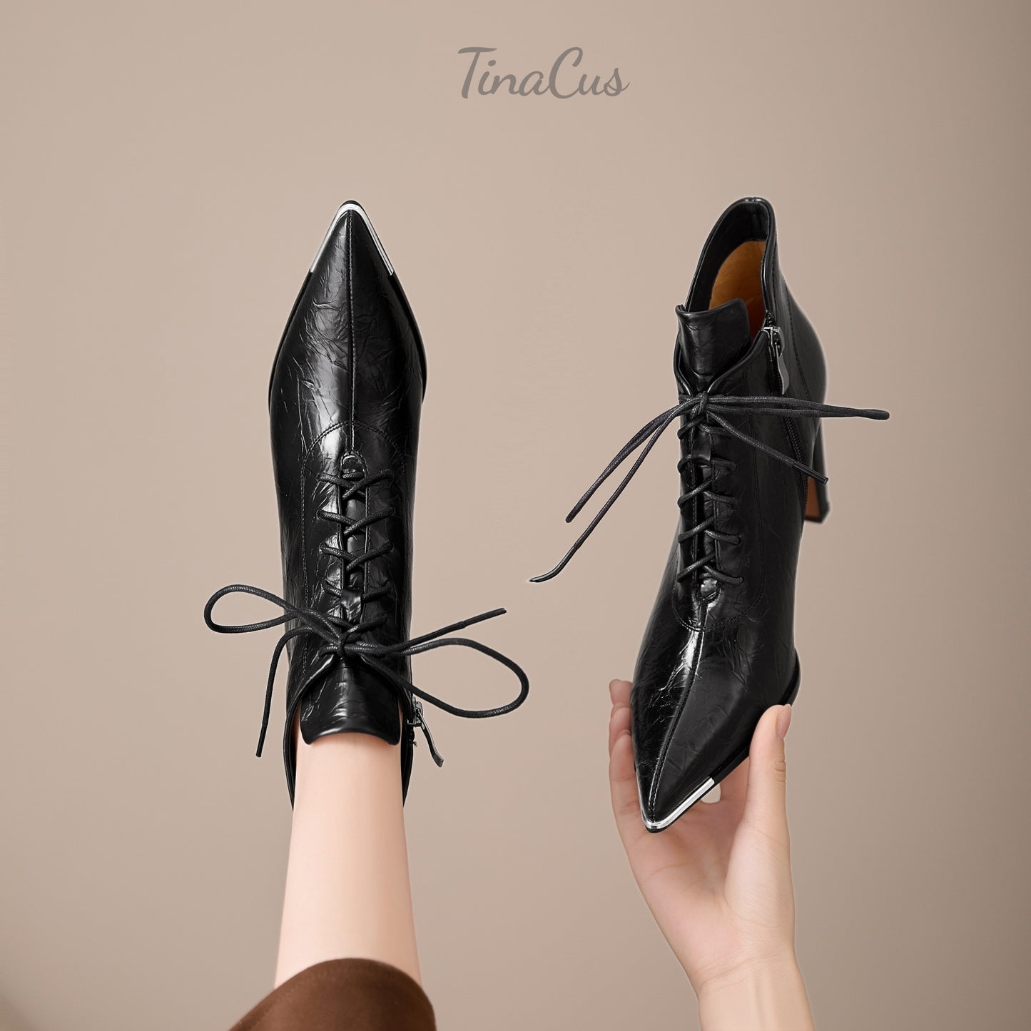 TinaCus Women's Selftie& Zipper Short Boots Pointed Toe Genuine Leather High Heels Stylish Ankle Boots