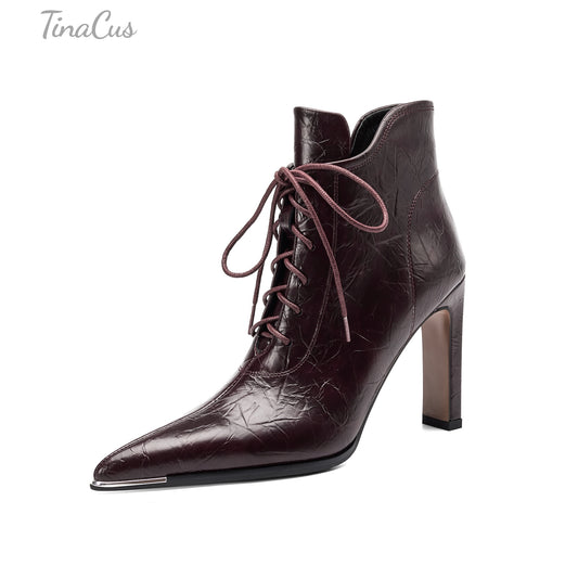 TinaCus Women's Selftie& Zipper Short Boots Pointed Toe Genuine Leather High Heels Stylish Ankle Boots