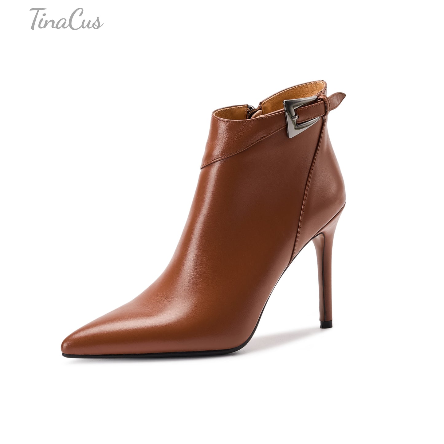 TinaCus Women's Buckled Ankle Boots Genuine Leather Handmade Pointed Toe Stiletto High Heels Zip up Booties