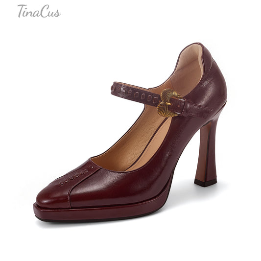TinaCus Genuine Leather Handmade Buckle Strap Women's Pointed Toe Platform High-Heels Chic Pumps Shoes