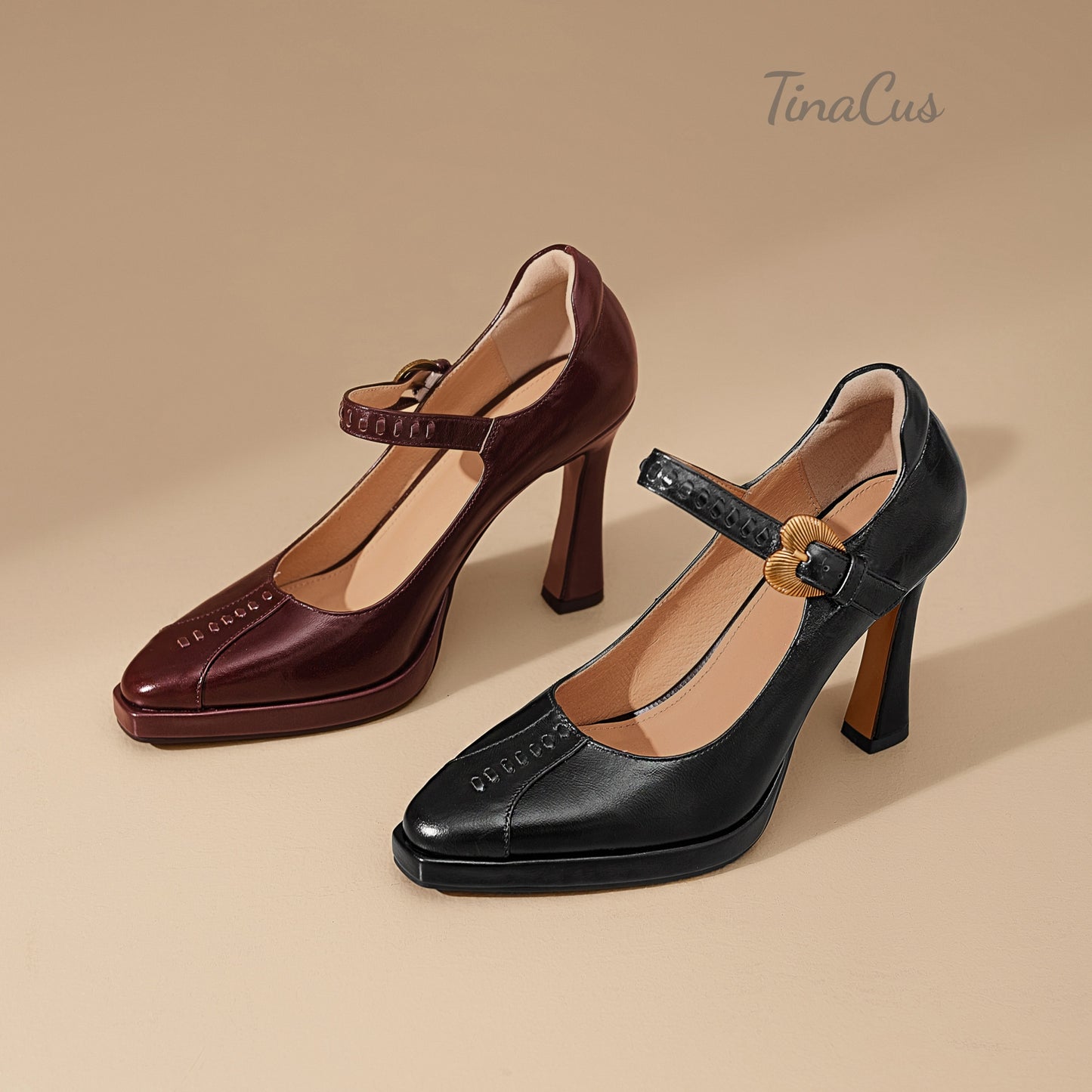 TinaCus Genuine Leather Handmade Buckle Strap Women's Pointed Toe Platform High-Heels Chic Pumps Shoes
