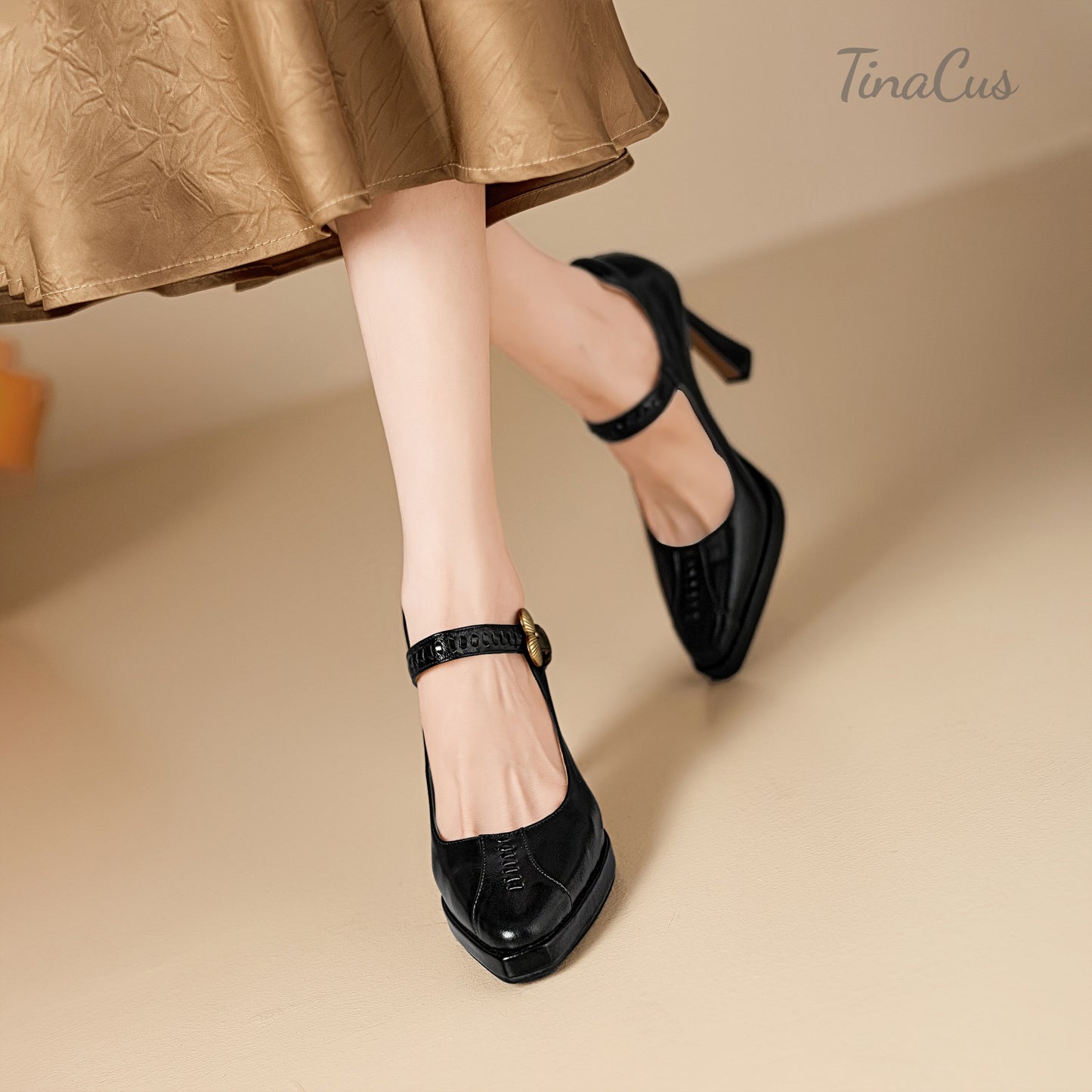 TinaCus Genuine Leather Handmade Buckle Strap Women's Pointed Toe Platform High-Heels Chic Pumps Shoes