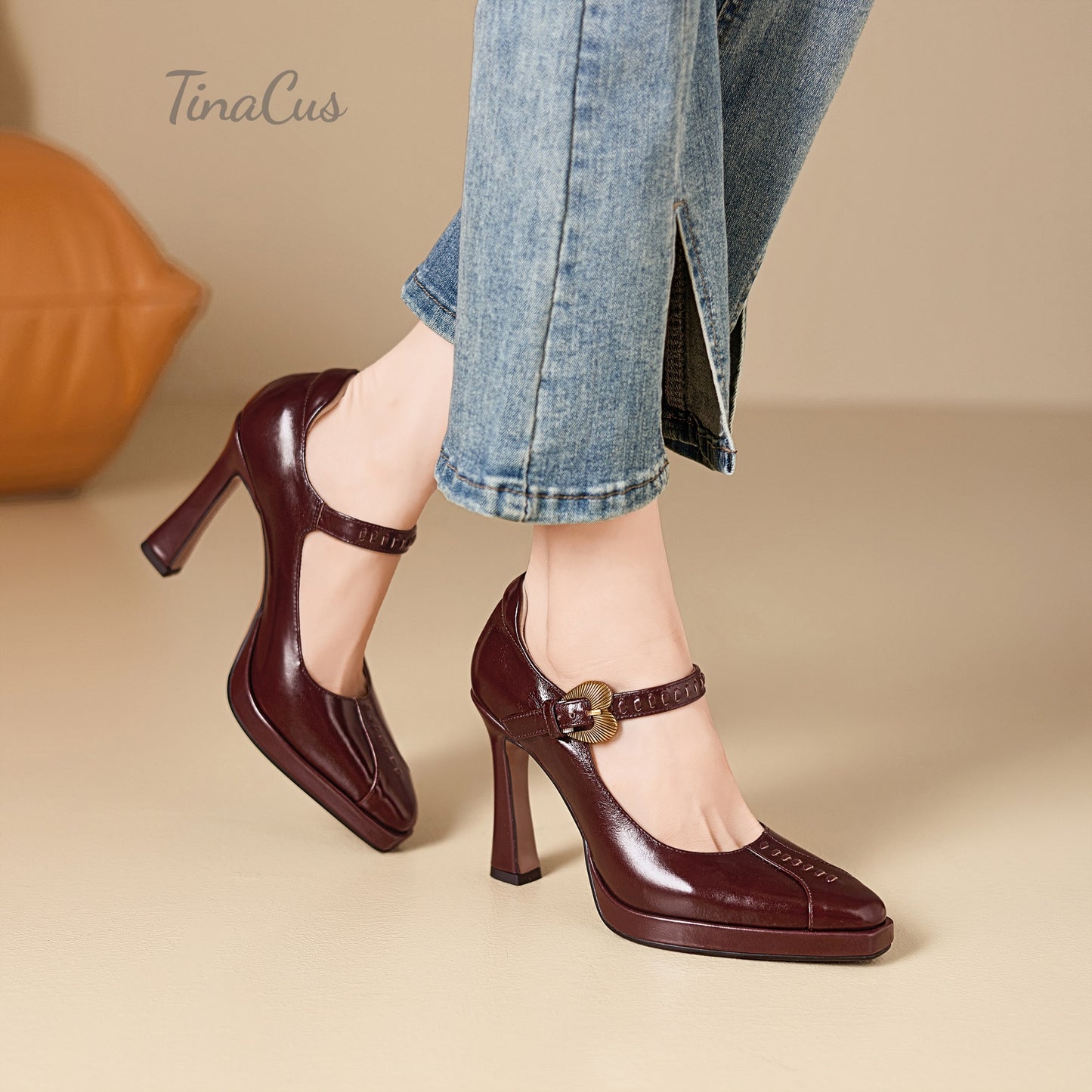 TinaCus Genuine Leather Handmade Buckle Strap Women's Pointed Toe Platform High-Heels Chic Pumps Shoes