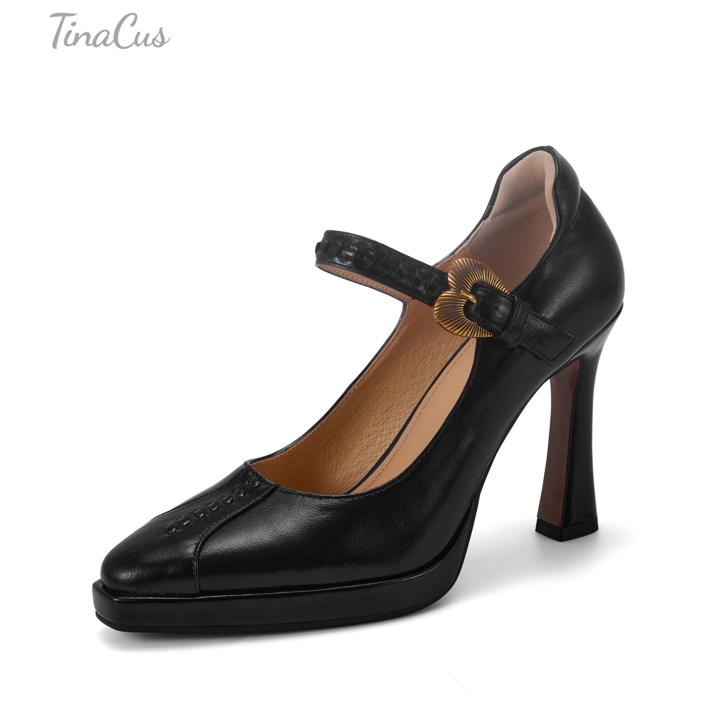 TinaCus Genuine Leather Handmade Buckle Strap Women's Pointed Toe Platform High-Heels Chic Pumps Shoes